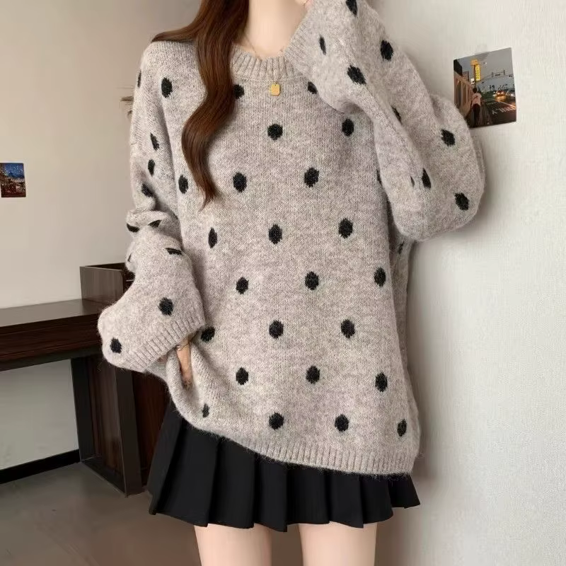 Pull à pois tricoté décontracté et ample, nouvelle collection automne-hiver 2026, épais et confortab