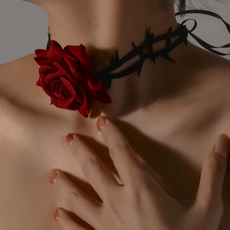 Collier ras du cou gothique fleuri rose rouge, collier de ULréglable, fleur rétro, Halloween Cosplay