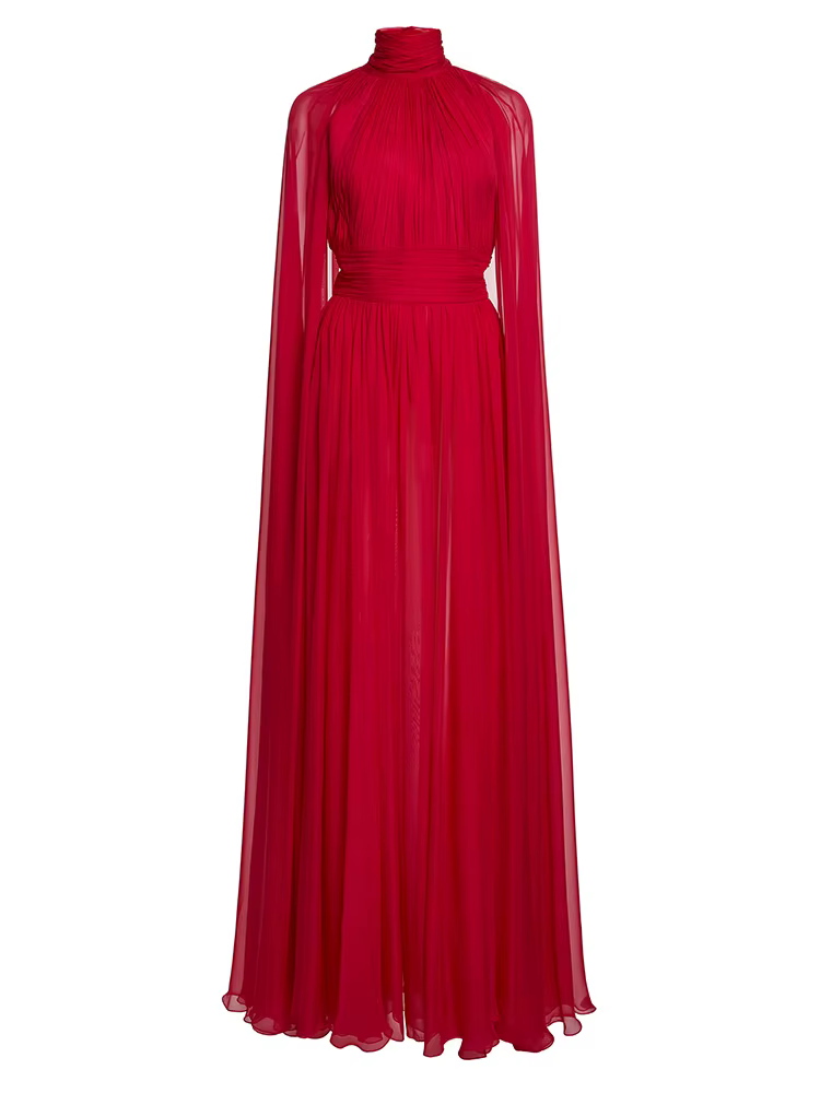 Robe de soirée rouge en mousseline de soie, col haut, manches Cape, robe Maxi plissée élégante pour 