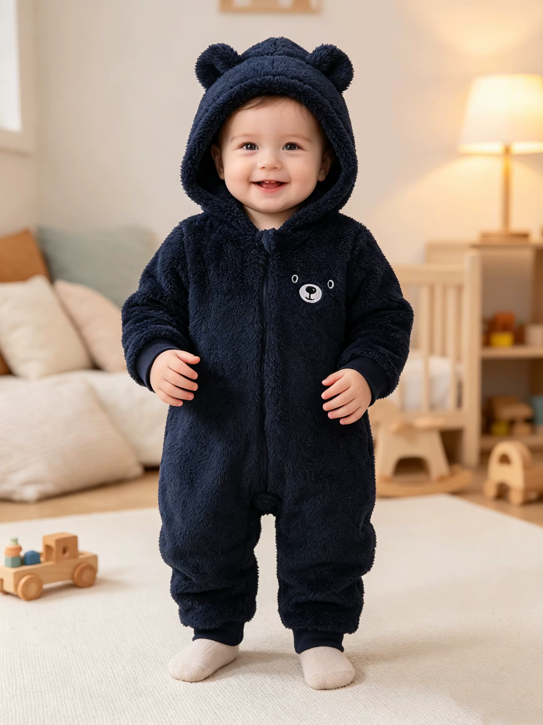 Combinaison chaude à capuche en polaire avec de jolies oreilles d'ours en 3D pour bébés garçons et f