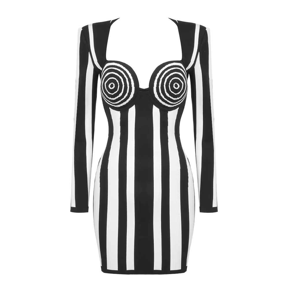 VC-Robe courte rayée à col carré pour femmes, manches longues, mini batterie, robe de cocktail, robe
