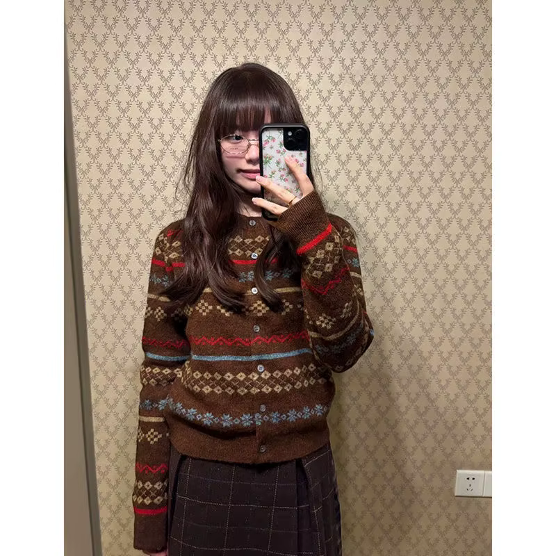 Design Sense – Cardigan en Jacquard pour femme, veste courte tricotée à col ras du cou, rétro, autom