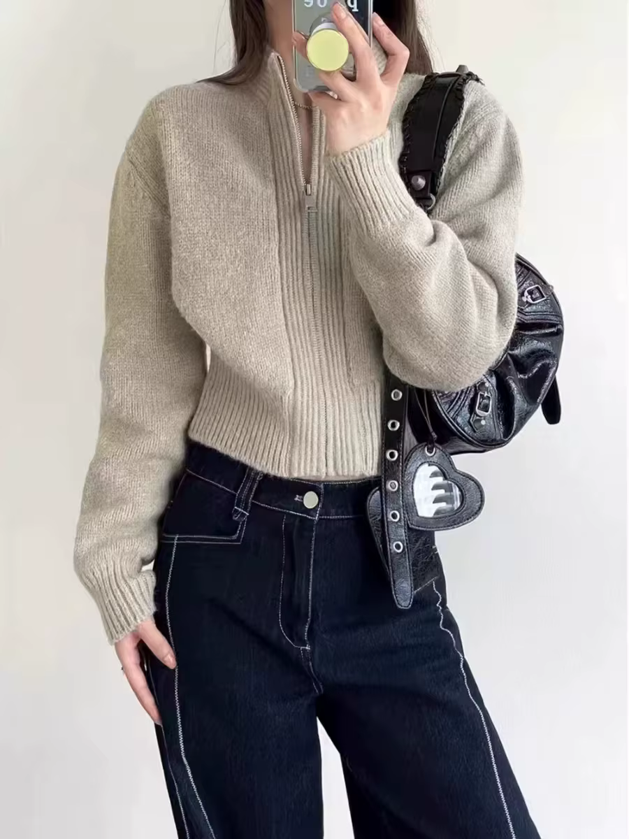 Cardigan rétro français pour femmes, col montant, fermeture éclair, 100% pur cachemire, ample, court