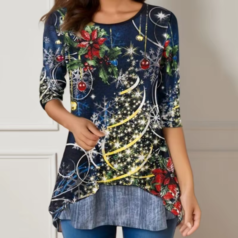 Noël imprimé femme t-shirt col rond dames manches longues printemps automne nouveaux produits en vra