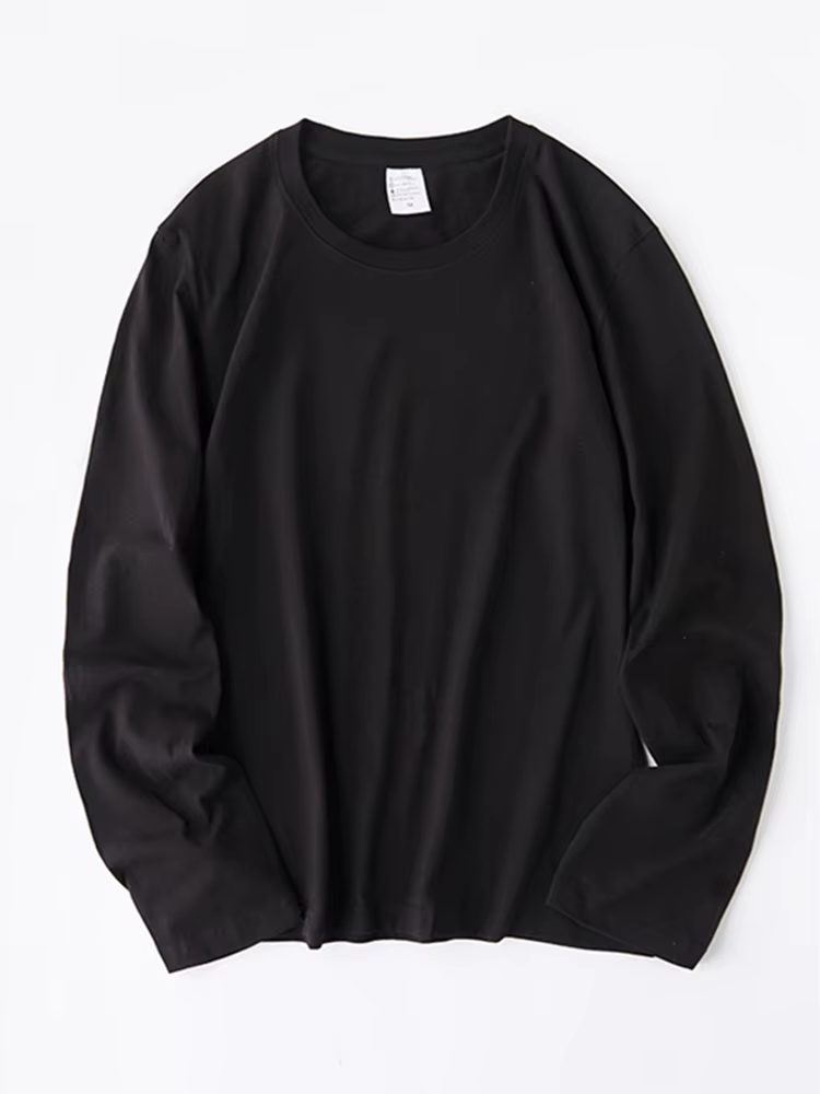T-shirt à manches longues et col rond pour femmes, en coton blanc, décontracté, doux, noir