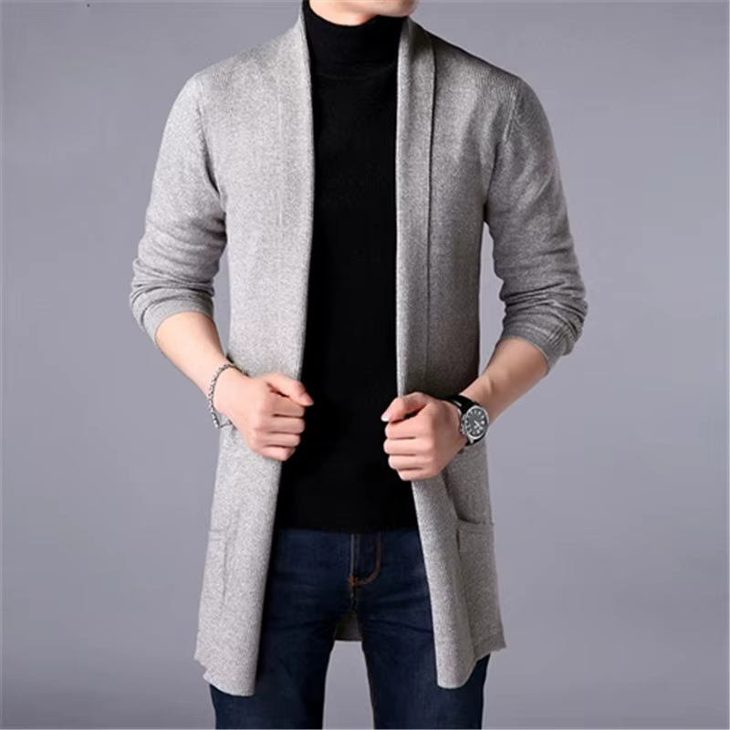Cardigan long en tricot pour homme 2026, veste décontractée à la mode, poche, cardigan pour homme, p