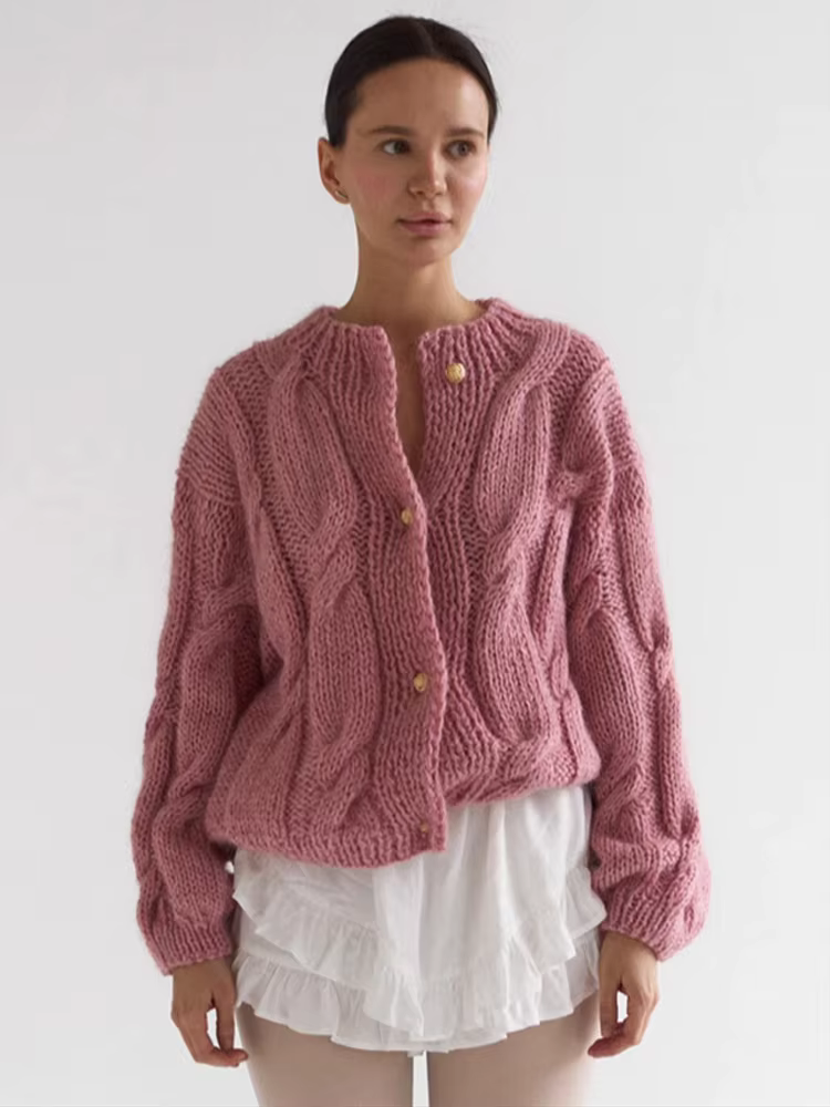 Cardigan en tricot épais et solide avec boutons dorés pour femme, élégant, col rond, manches longues