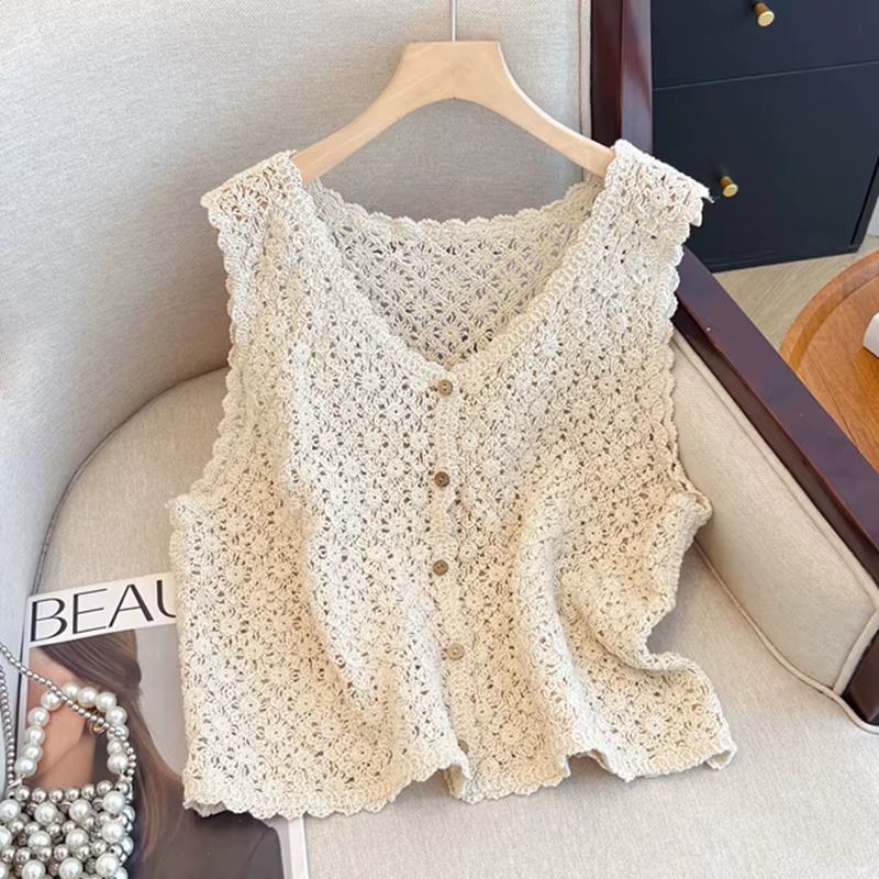 Vintage Boho Style Beige Crochet dentelle gilet femme sans manches tricot débardeur printemps été co