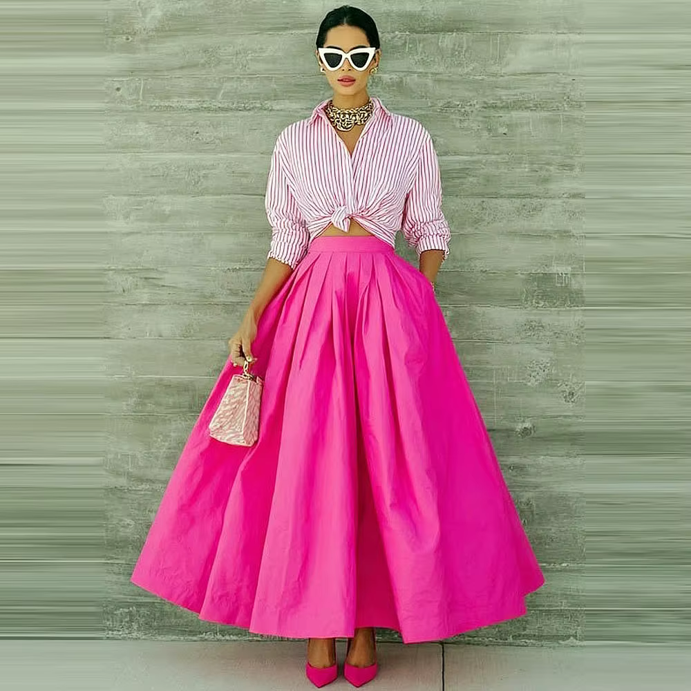 Jupe longue maxi fuchsia pour femme, sans haut, avec grand ourlet, en satin, pour soirée, fête ou an