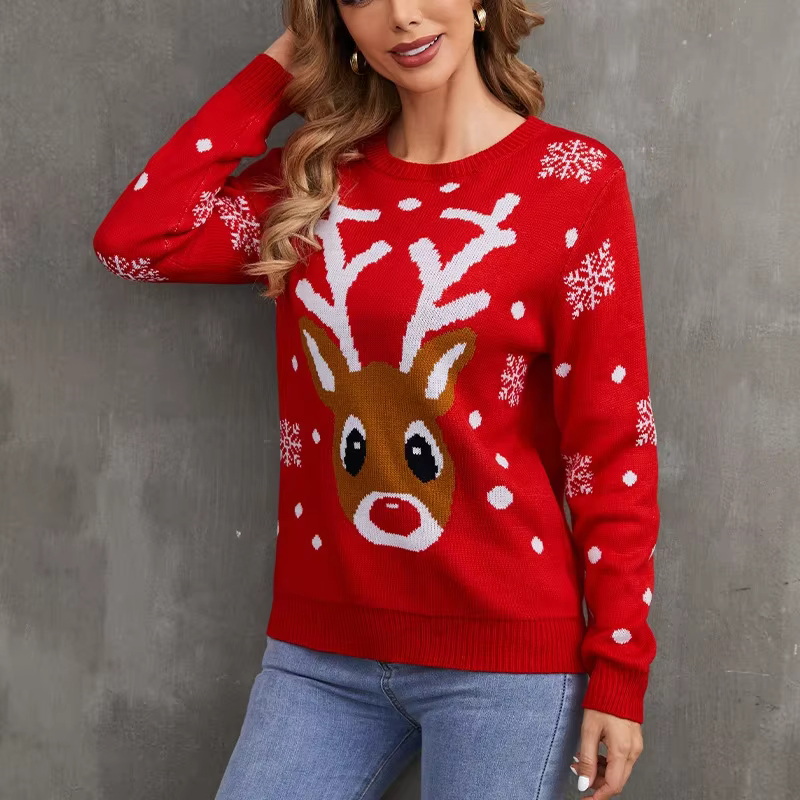 Pull de noël pour femmes, motif de noël, flocons de neige, renne, Jacquard complet, Style paresseux,