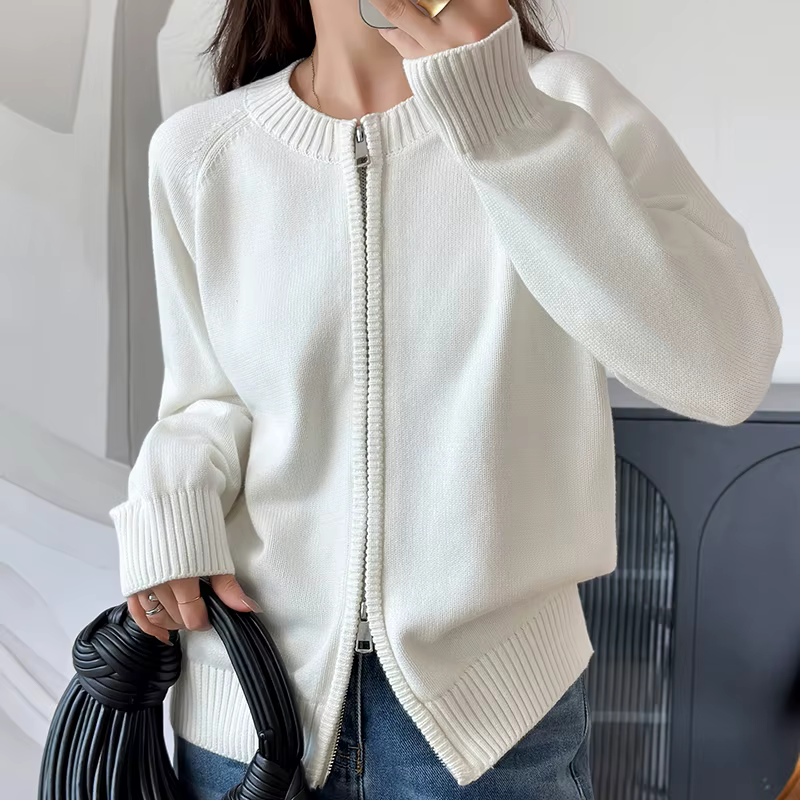 YTFidio 100% coton femmes col rond épais fermeture éclair solide Cardigan de luxe vêtements de créat