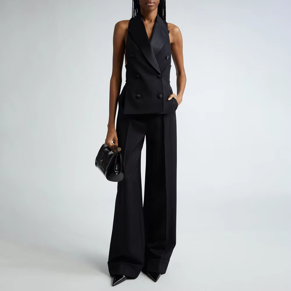 Costume pour femme 2 pièces, couleur noire, veste et pantalon sans manches, double boutonnage, tenue