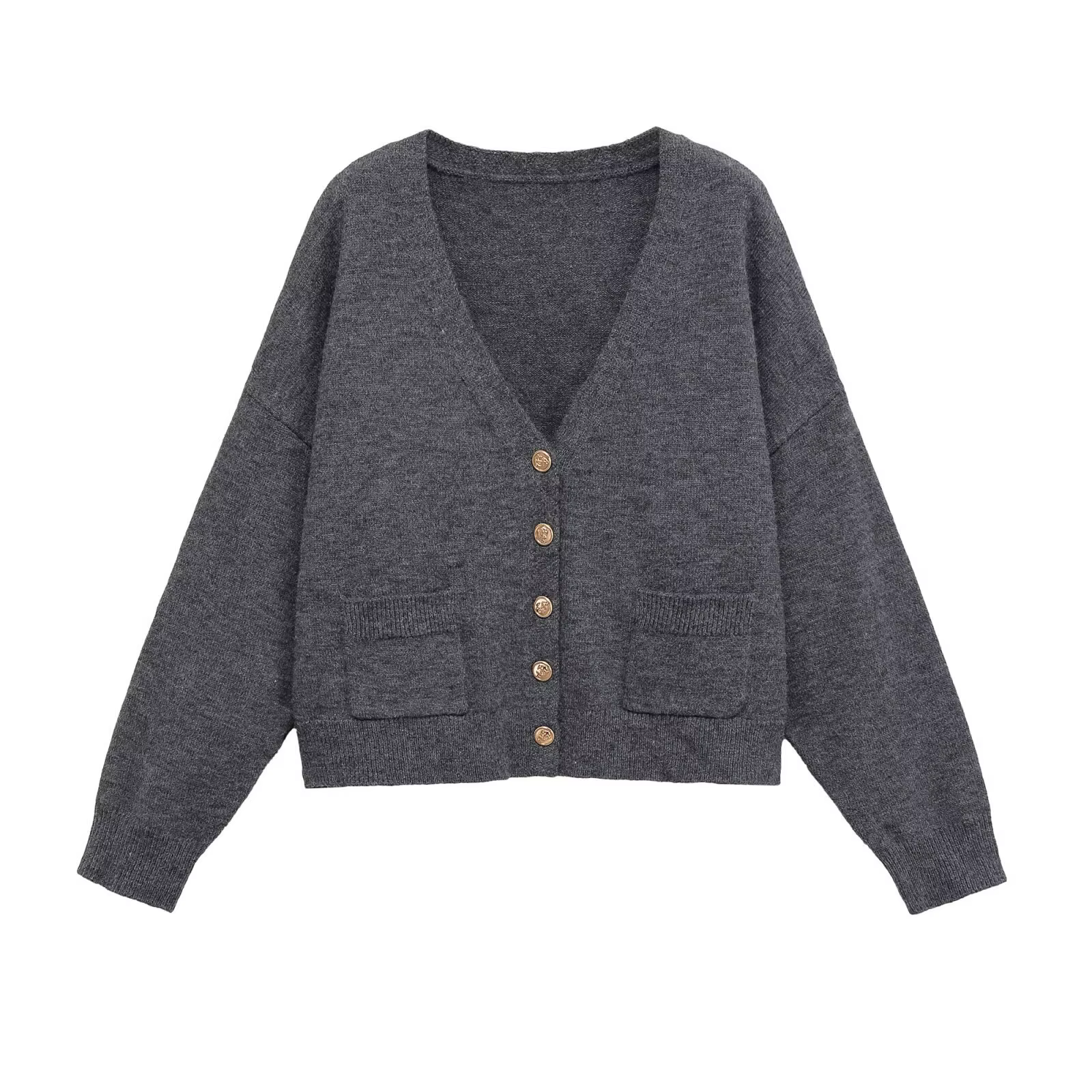 Cardigan court gris avec poches pour femme, col en V, simple boutonnage, manches longues, Vintage, S