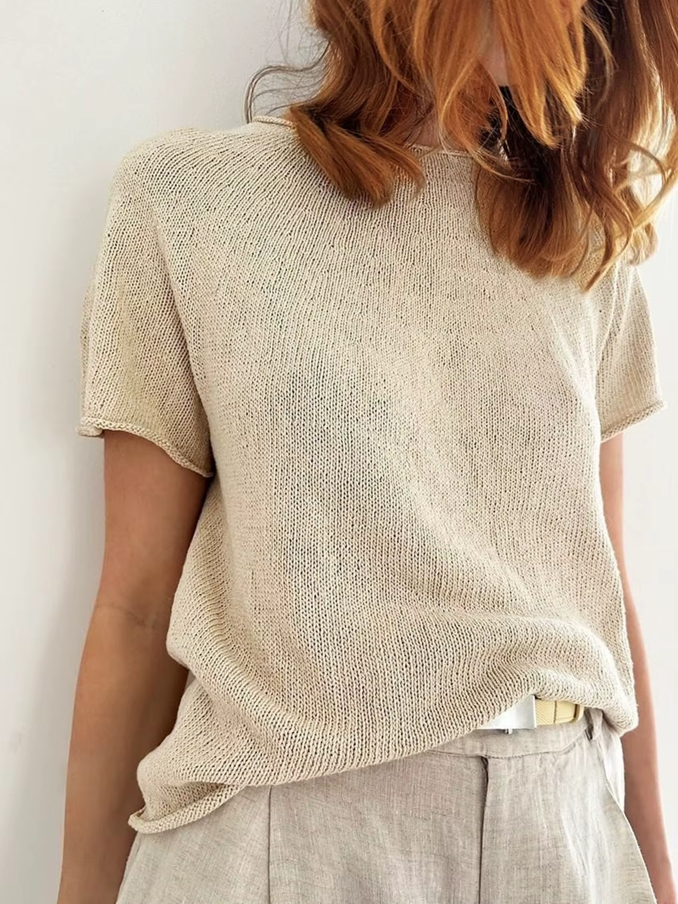 T-shirt tricoté rétro à col rond et bord roulé pour femme, idéal pour l'été, respirant, ample, aminc