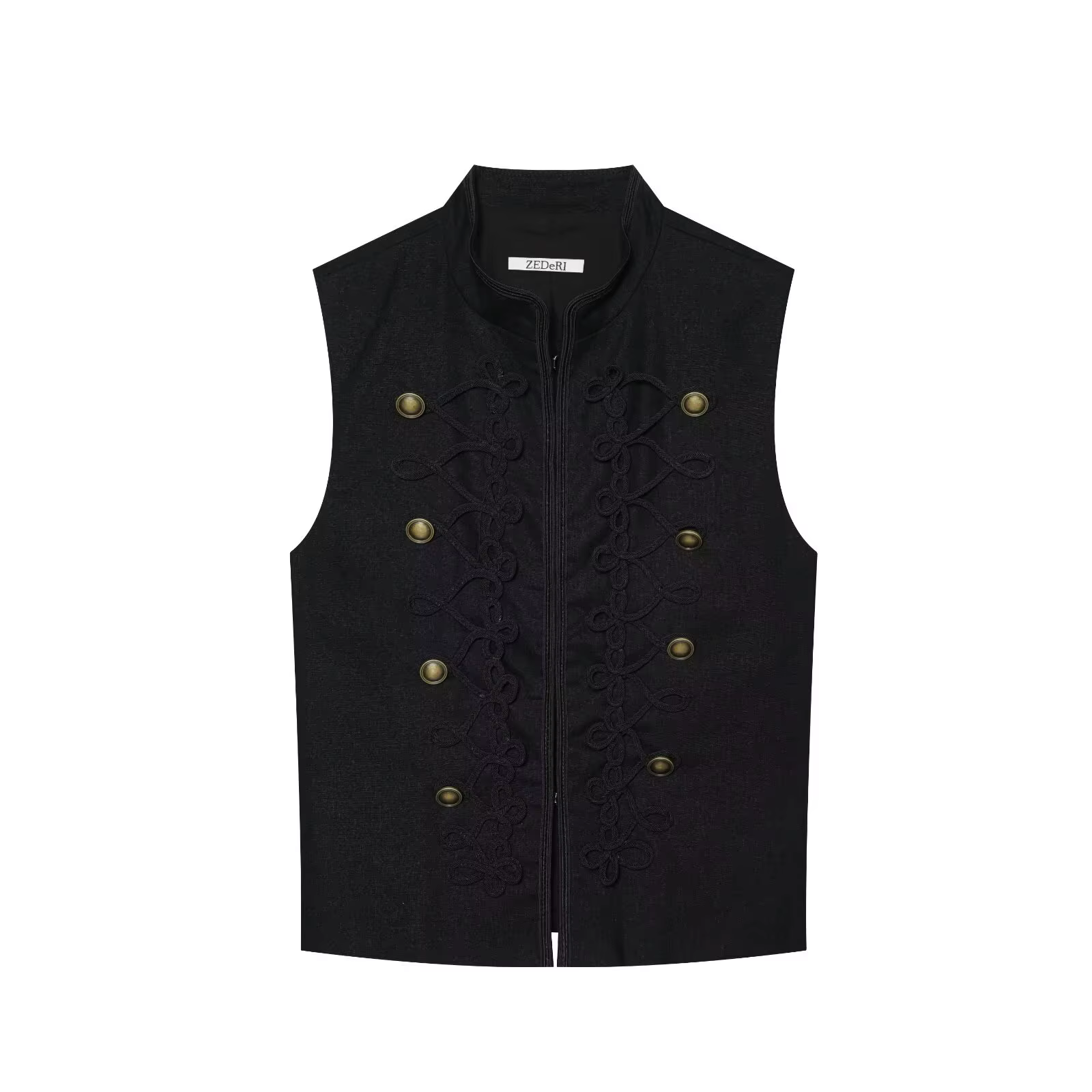 HH Gilet d'été pour femme, style victorien, noir, à lacets, col montant, boutons bronze, sans manche