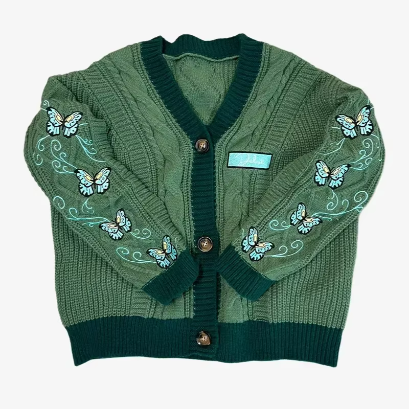 Cardigan tricoté papillon pour femme, vert foncé, avec broderie, Patch de lettres d'hiver, pulls sur