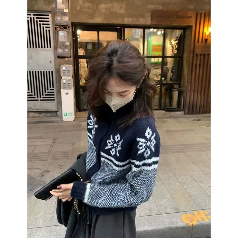 Korejpaa Cardigan femmes Jacquard col haut pull automne hiver épais tricoté Cardigans mode coréenne