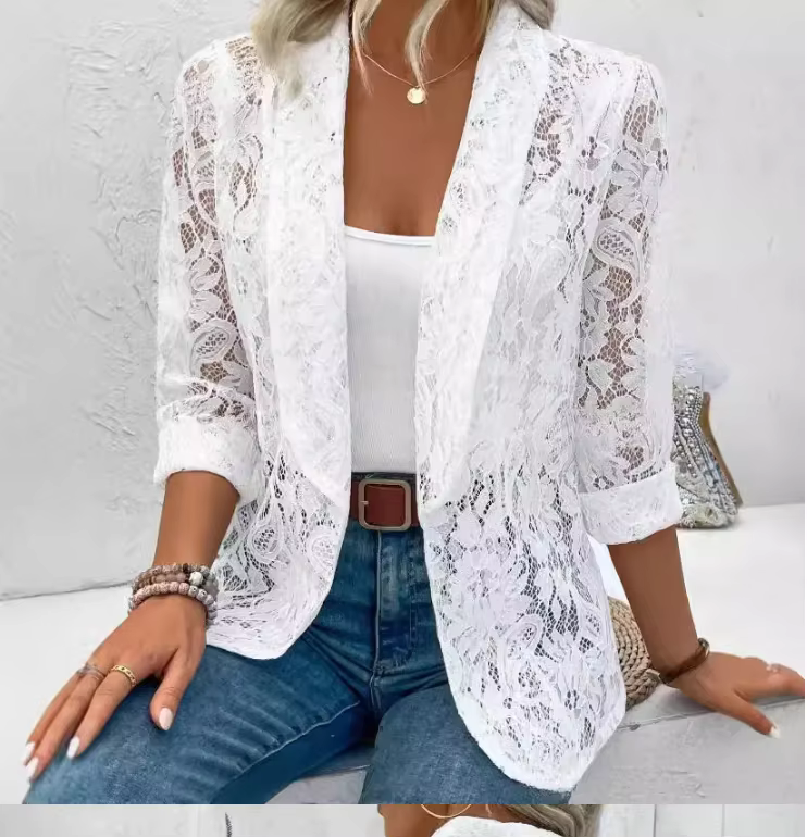 Chemisier classique en dentelle blanche pour femmes, manteau léger et élégant, hauts d'été, de print