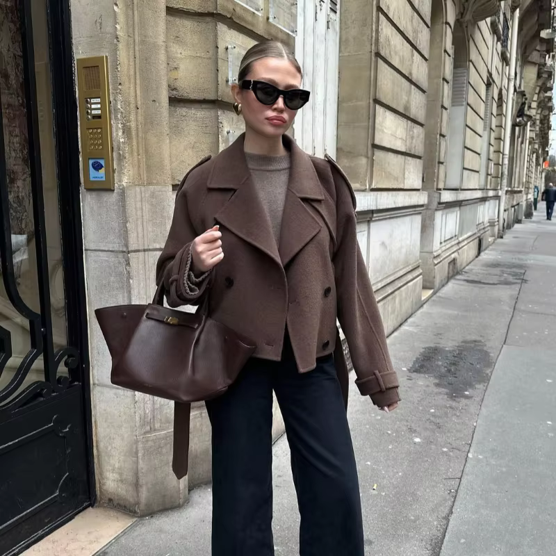 Manteau en mélange de laine de chameau pour femme, élégant, à revers larges, col châle, manches long