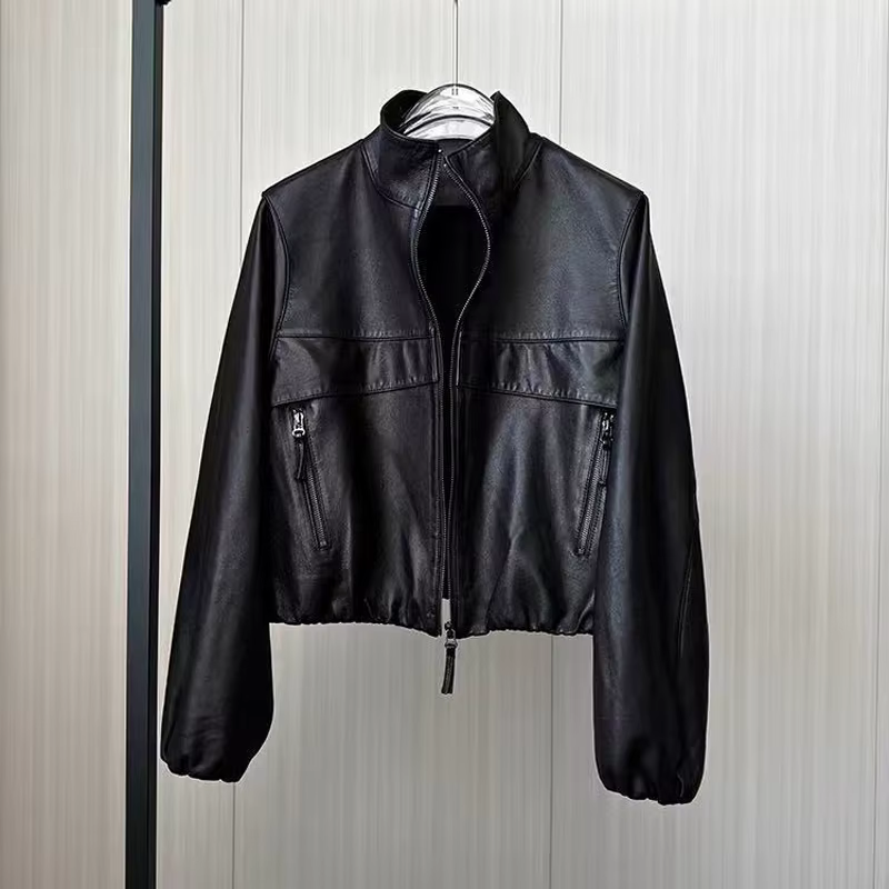Veste européenne en cuir de mouton pour femmes, basique, col montant, manches chauve-souris, manteau
