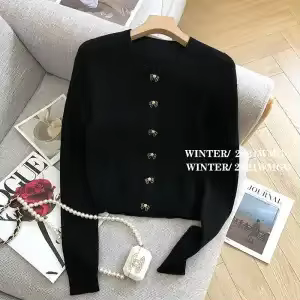 Veste Cardigan noire pour femmes, Niche courte, tempérament polyvalent, pull tricoté, haut élégant, 