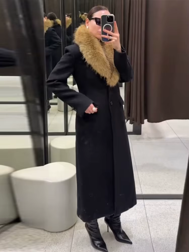 Manteau Long à col en fourrure mélangée de laine noire pour femmes, vêtement d'extérieur élégant et