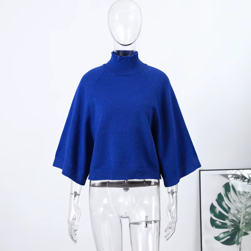 Pull en tricot à col roulé pour femmes, manches évasées, coupe ample, doux, décontracté, Chic, court