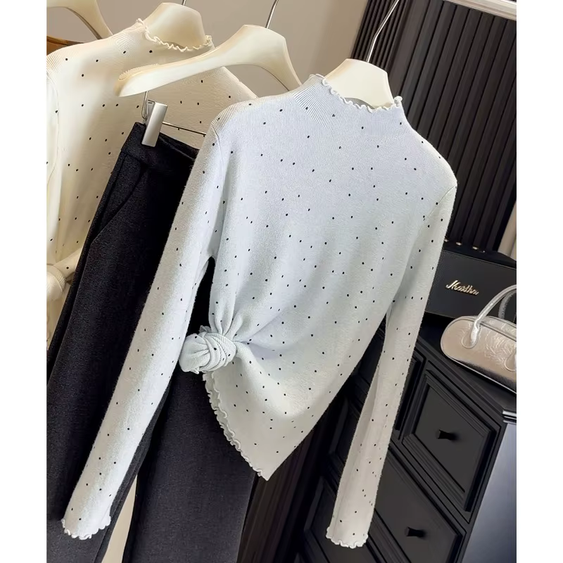 Pull à pois femmes à manches longues pull col mi-haut coupe ondulée Vintage tricoté hauts pull autom