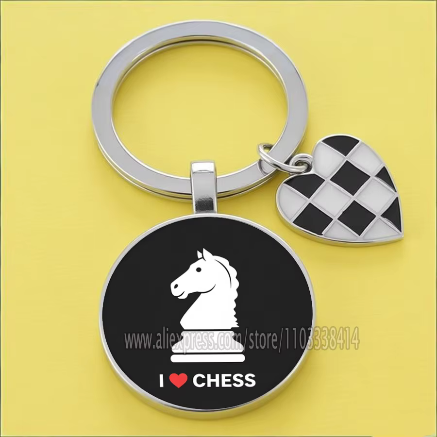 Porte-clés 'J'aime l'échecs' en verre à motif créatif Roi, Dame, Tour, Cheval, Pion, Évêque, Bijou c