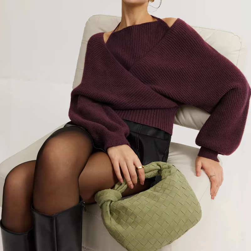 Pull à manches longues pour femme, col licou épissé, chauve-souris, haut tricoté, trou creux, Y2K, a