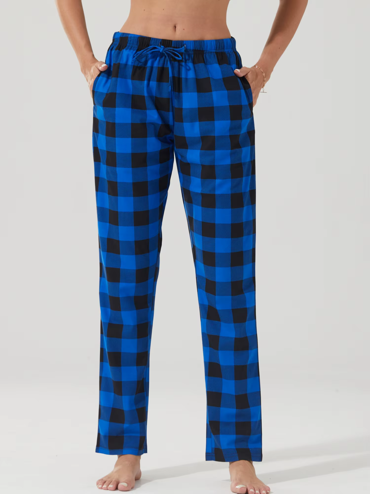 Pantalon de pyjama imprimé floral à carreaux pour femmes, avec poches, cordon de serrage doux, vêtem