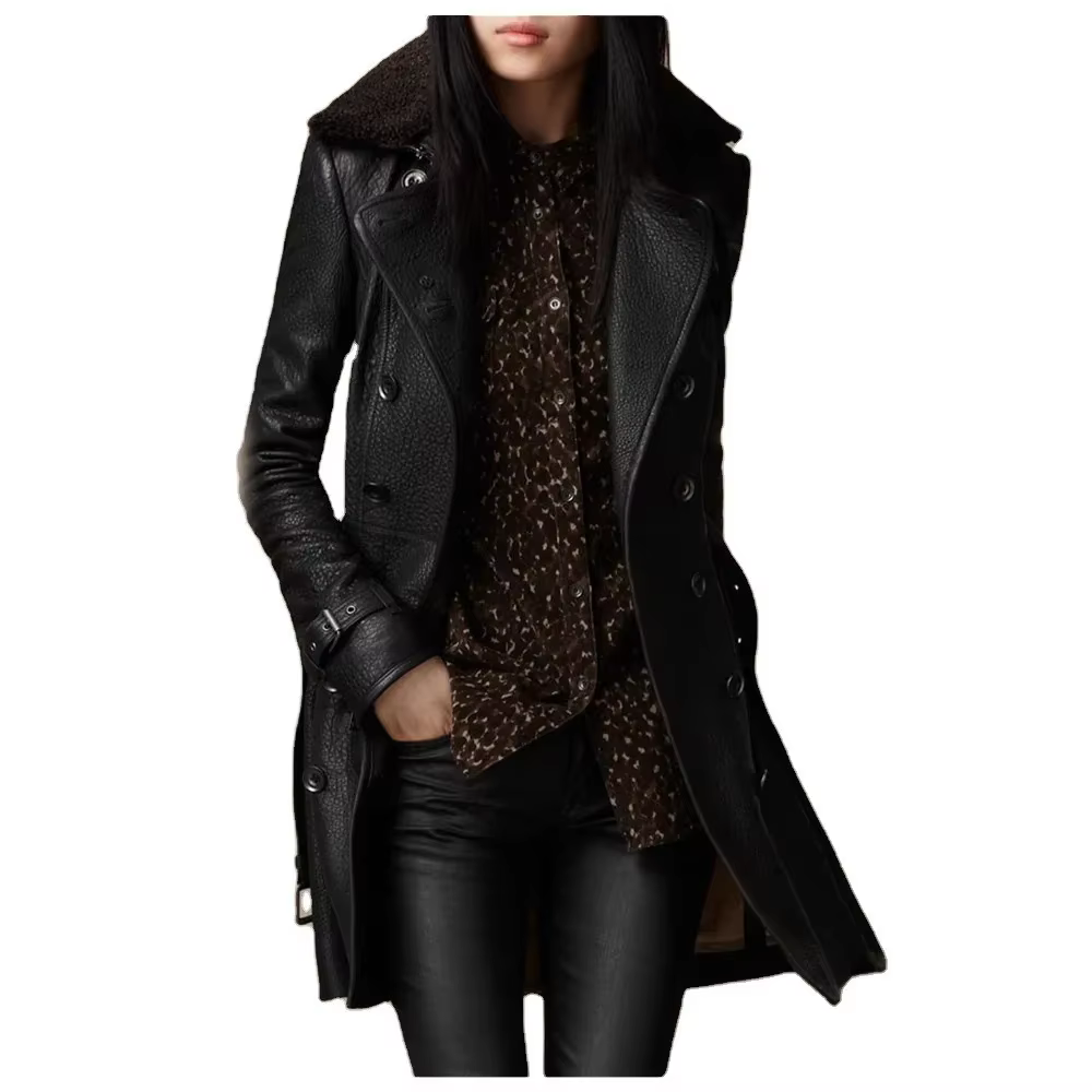 Veste en cuir mi-longue avec col en fourrure pour femme, manteau épais de Style britannique pour Mot