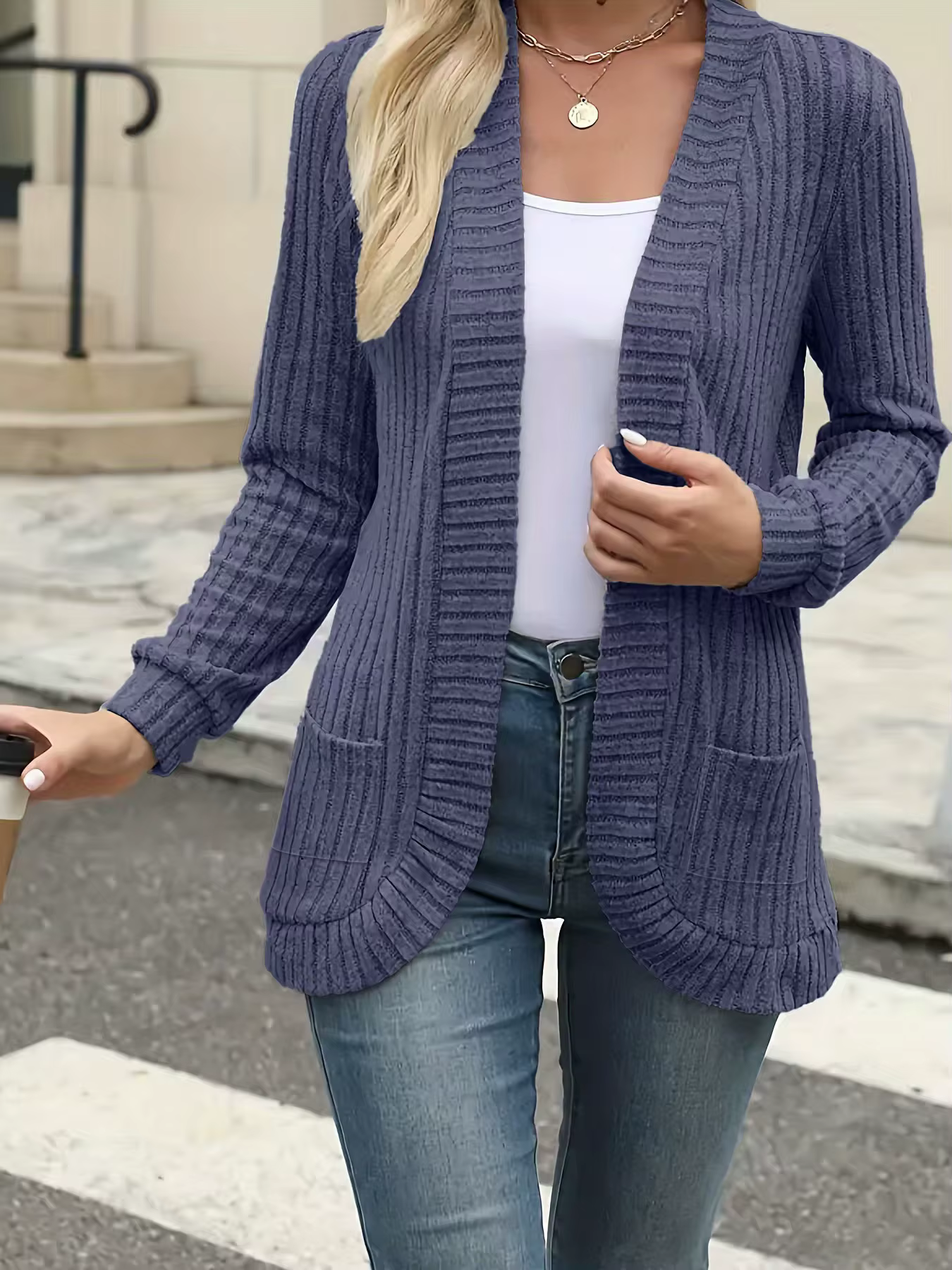 Cardigan en tricot côtelé pour femme, à manches longues, ouvert sur le devant, avec poches, style dé