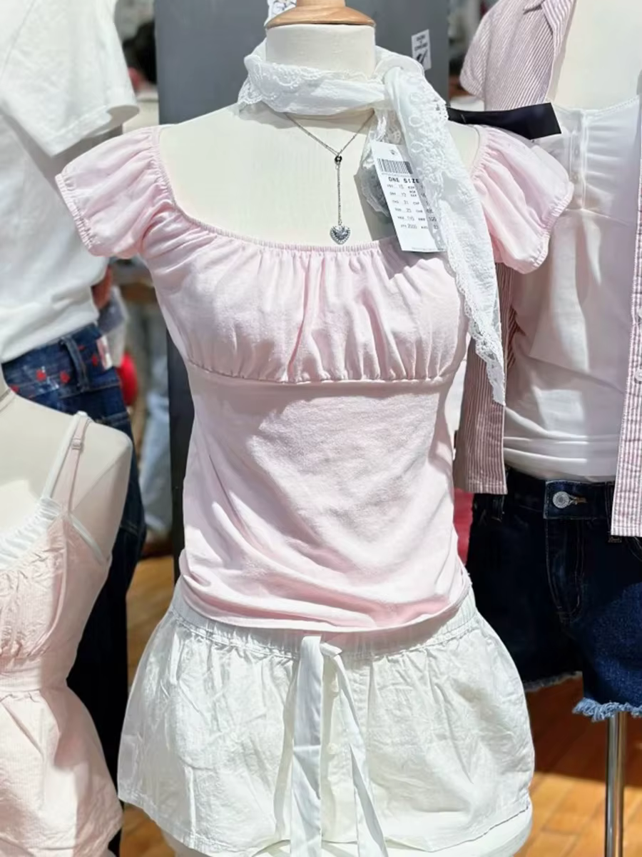 T-shirt Femme d'Été à Manches Courtes en Coton, Col Carré, Maille Bordeaux Plissée, Coupe Slim à Vol