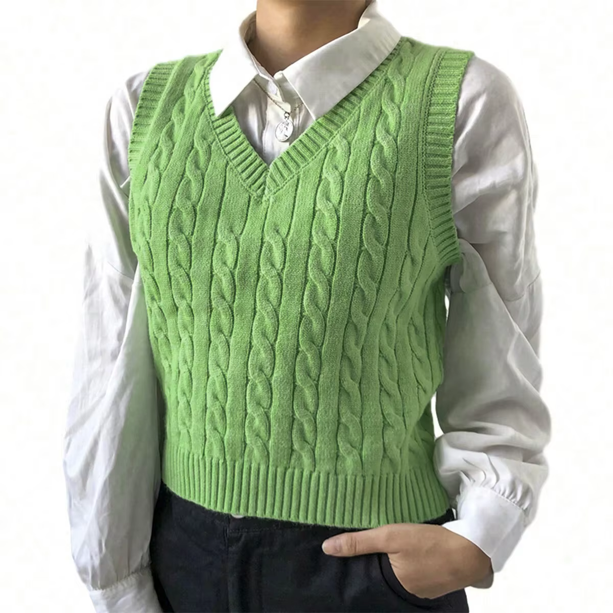 Gilet pull sans manches vert en maille torsadée à col en V pour femme, style preppy, coupe courte, i
