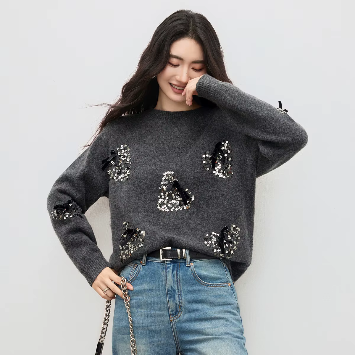 Pulls à sequins pour femmes SENTUBILA, collection hiver 2026, hauts amples en maille à manches longu