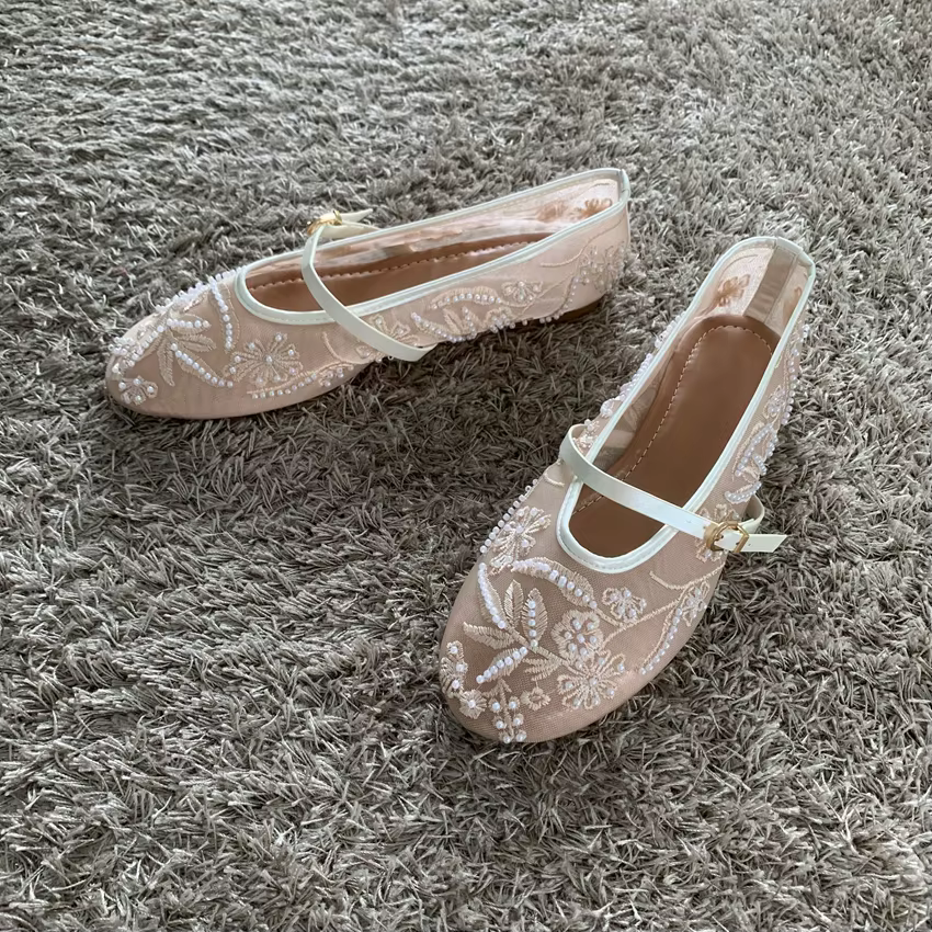 Maille broderie chaîne perle conception femmes ballerines mode boucle respirant Mary Jane chaussure 