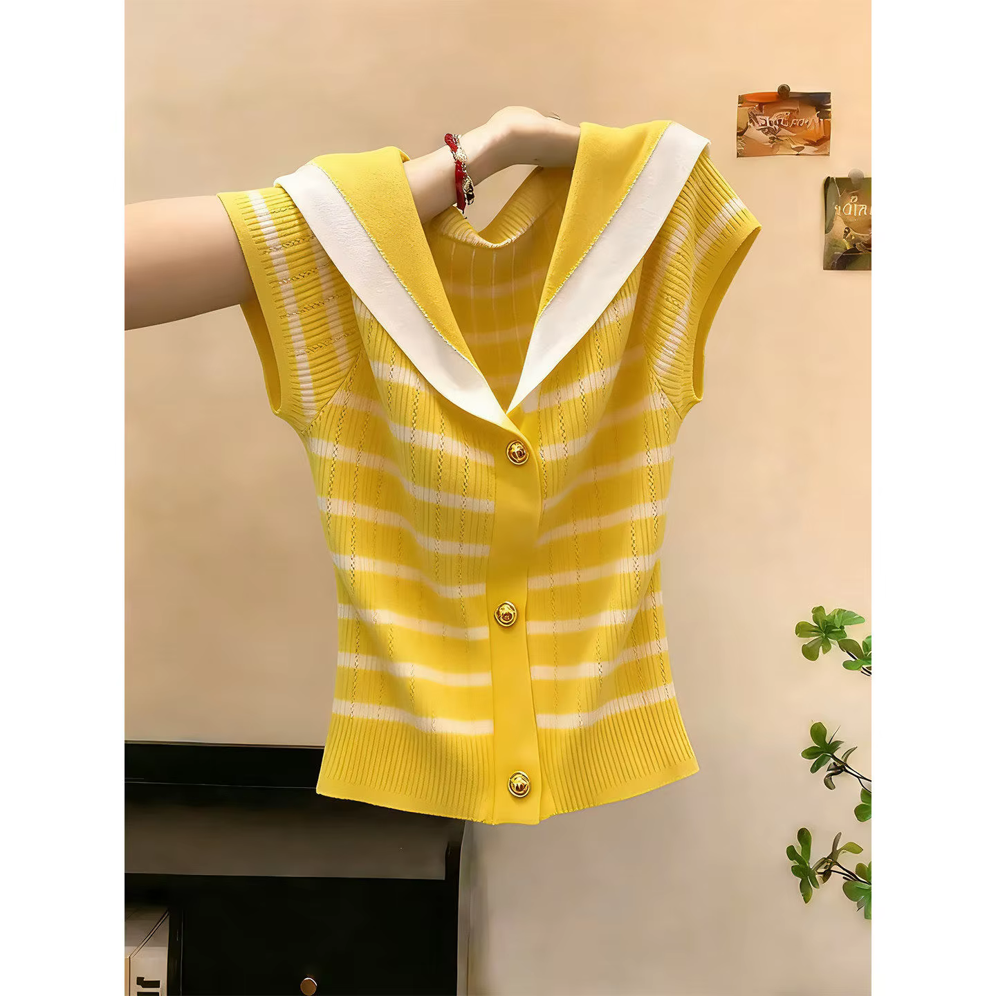 Pull rayé jaune à col marin pour femme, nouvelle collection été 2026, tricot polyvalent à manches co