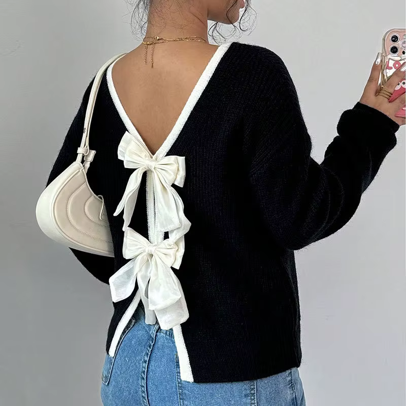 Femmes automne hiver pulls pulls mode dos nœud décoration col rond à manches longues tricoté pull ha