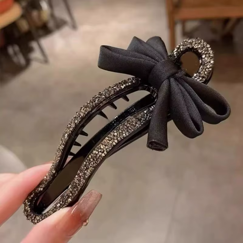 Pince à bec de canard en strass, classique, nœud noir, épingle à cheveux pratique, polyvalente, mode