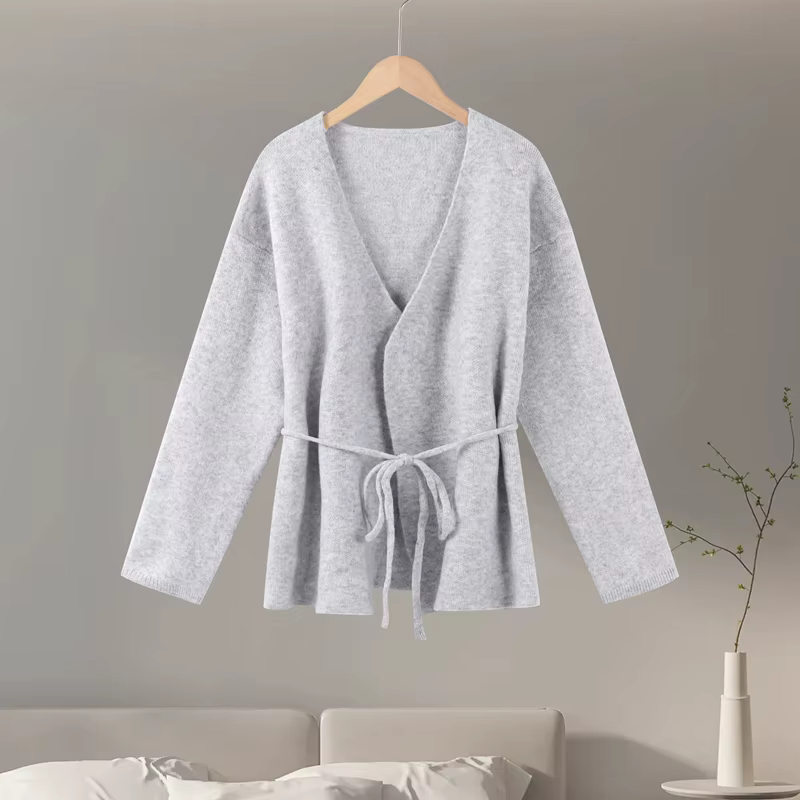 Cardigan en tricot décontracté pour femme, ample, col en V, manches longues, pull à lacets, manteaux