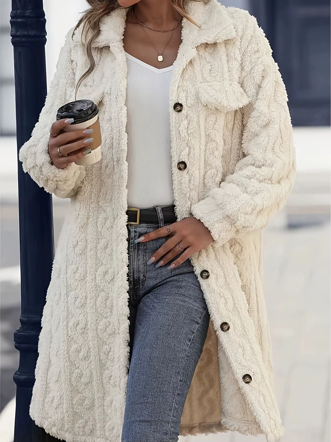 Cardigan boutonné à col avec tissu peluche double face, manteau long décontracté