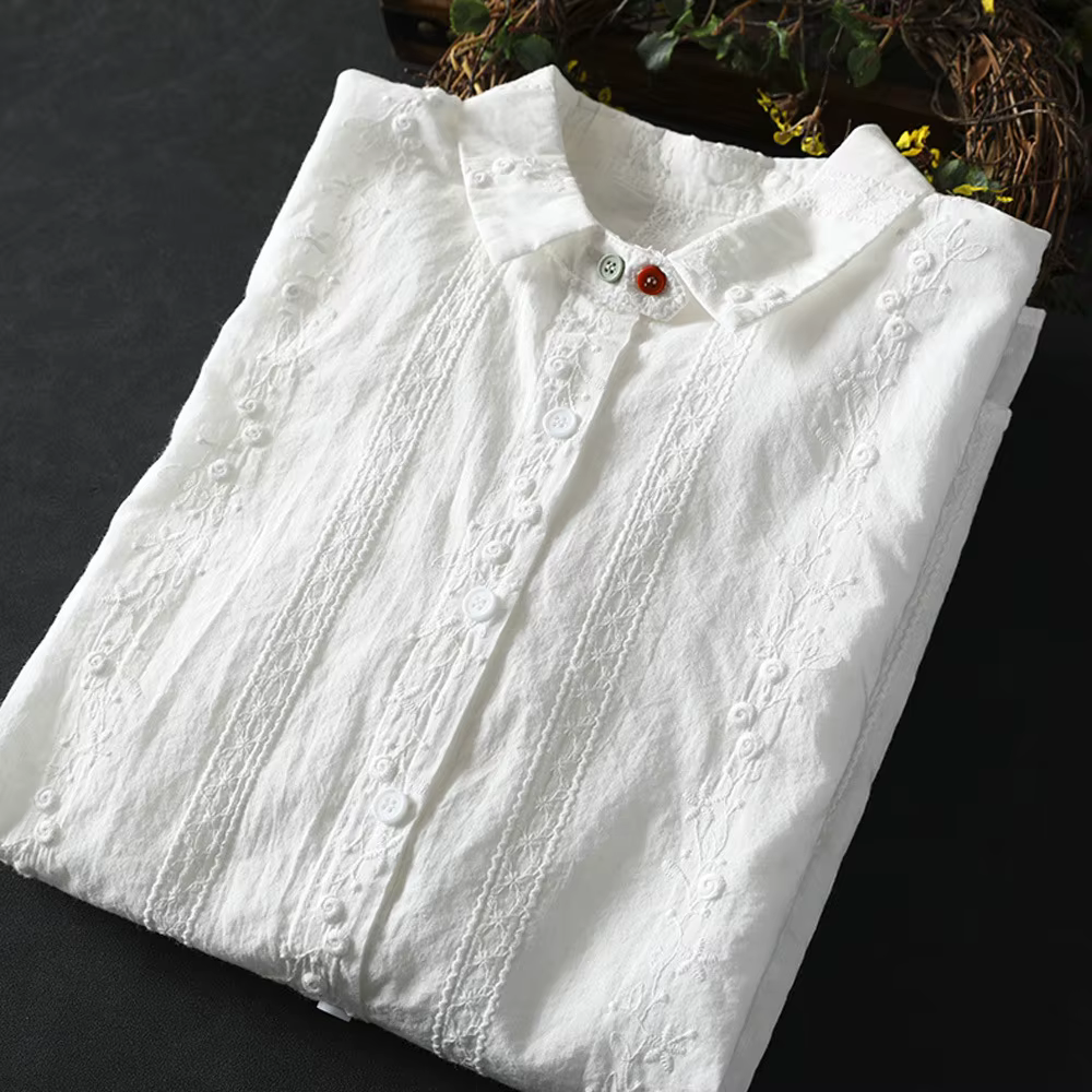 Chemisier élégant pour femme 2026, 100 % coton, col à revers bohème, manches longues, broderie blanc