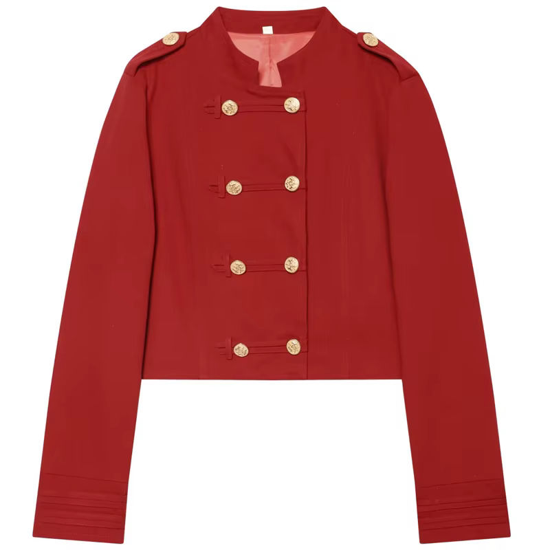 HXAO Veste Courte Rouge Femme Automne 2026 Col Rond Boutons Dorés Manches Longues Hauts Slim Double 