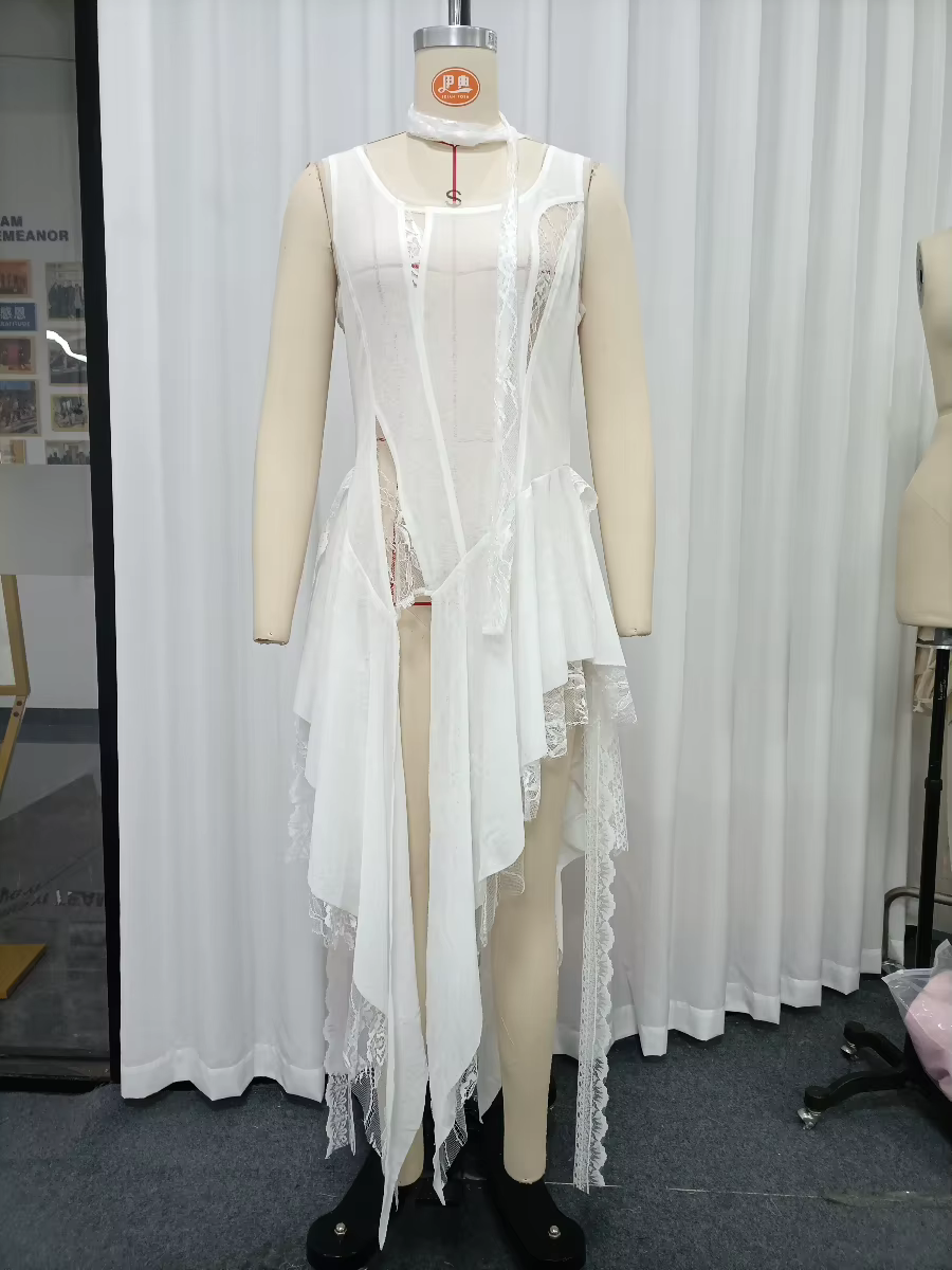 Nouveau Gilet Chic VGH en Dentelle Ample et Épissée pour Femme, Col Rond, Sans Manches, Coupe Irrégu