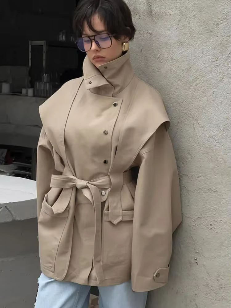 Trench-Coat à lacets et col montant pour femme, Chic, revers, simple boutonnage, cintré à la taille,