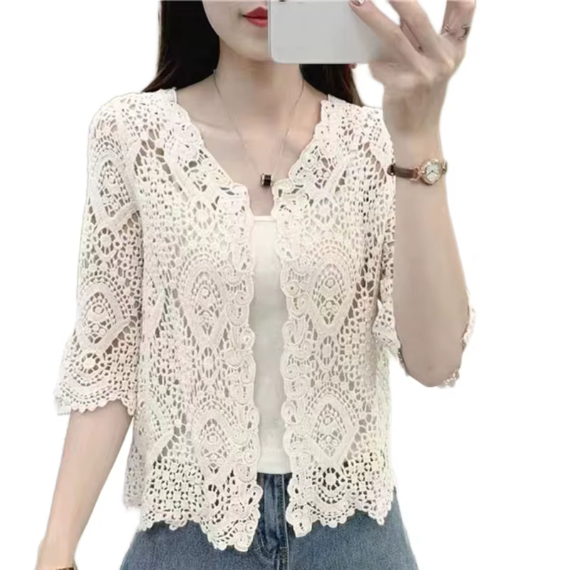 Pull en maille avec dentelle pour femme, haussement d'épaules Boho, creux, crochet floral, manches 3