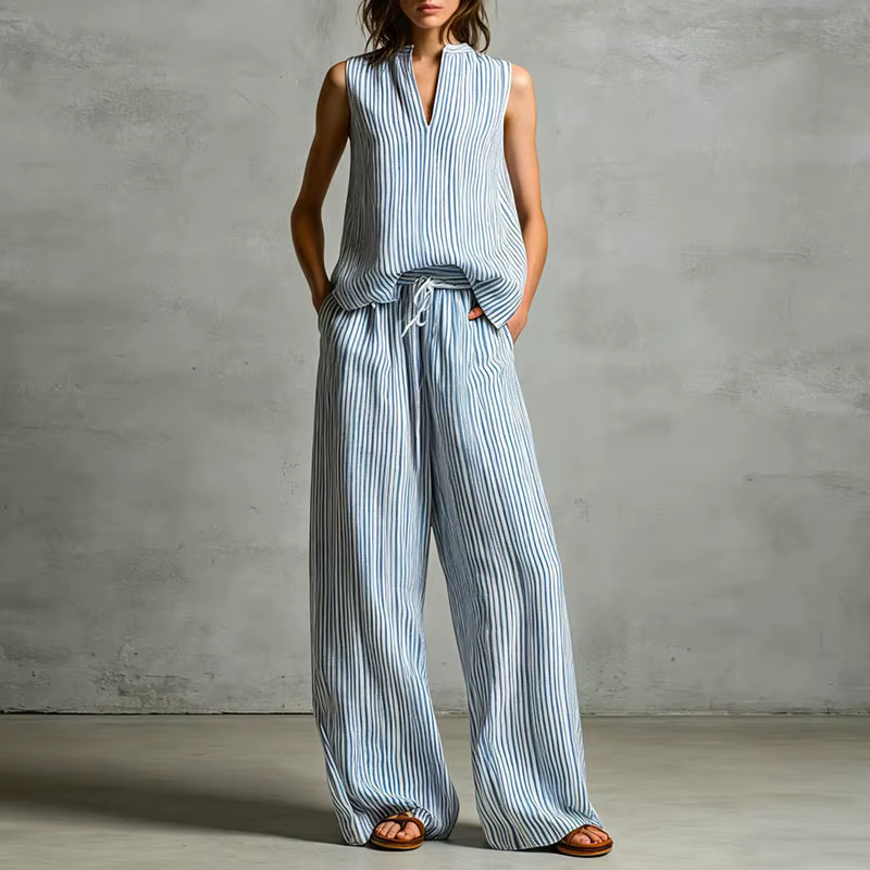 Ensemble deux pièces vintage à rayures verticales pour femme, débardeur col en V et pantalon large a