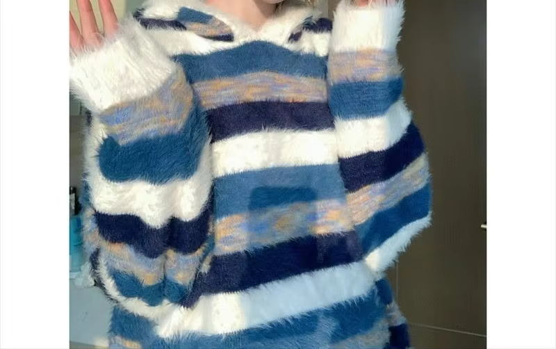 Pull en tricot à capuche rayé Style paresseux, coupe ample, bloc de couleurs bleu et blanc, automne-