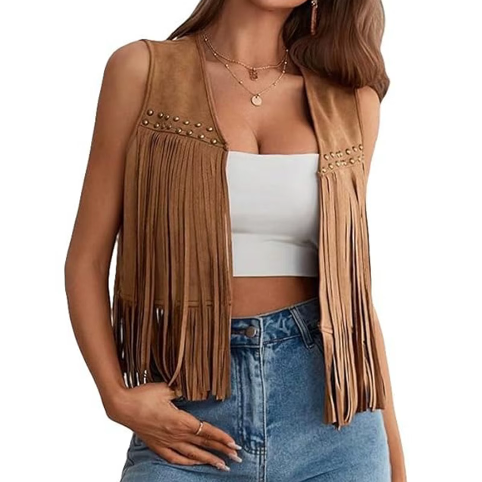 Gilet en daim à franges pour femme, tenue hippie des années 70, gilet sans manches à devant ouvert,